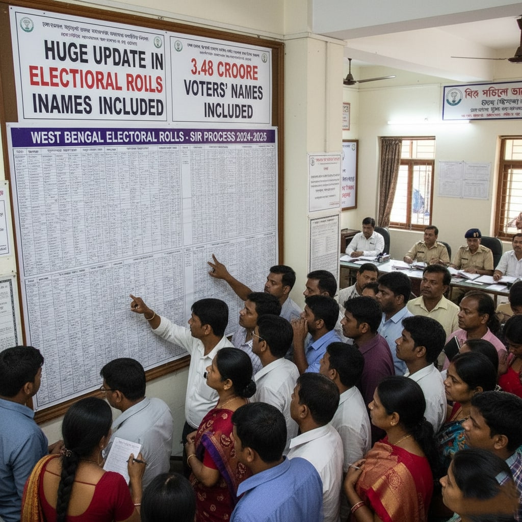 পশ্চিমবঙ্গের নির্বাচন তালিকায় বিশাল আপডেট: SIR প্রক্রিয়ায় ৩.৪৮ কোটি ভোটারের নাম অন্তর্ভুক্ত রাষ্ট্র নির্বাচন কমিশনের নির্দেশে পশ্চিমবঙ্গে SIR (State Integrated Roll) প্রক্রিয়ার মাধ্যমে সফলভাবে আপলোড করা হয়েছে। এই ডিজিটাল উদ্যোগে ভোটার তালিকা আরও স্বচ্ছ, নির্ভুল ও আধুনিক হচ্ছে। জানুন পুরো বিস্তারিত খবর।